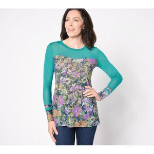 Farmers Defense Women's Top Plus Sz 1X Printed Sheer Mesh Solid Green A455491